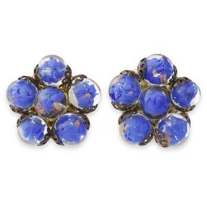 Vintage Venetian Glass Bead Clip On Earrings Cobalt Blue Aventurine Murano Italy